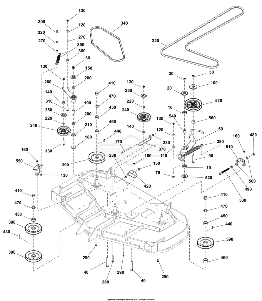 60 Mower Deck Group - Pulleys, Belts, and Idler Arm
