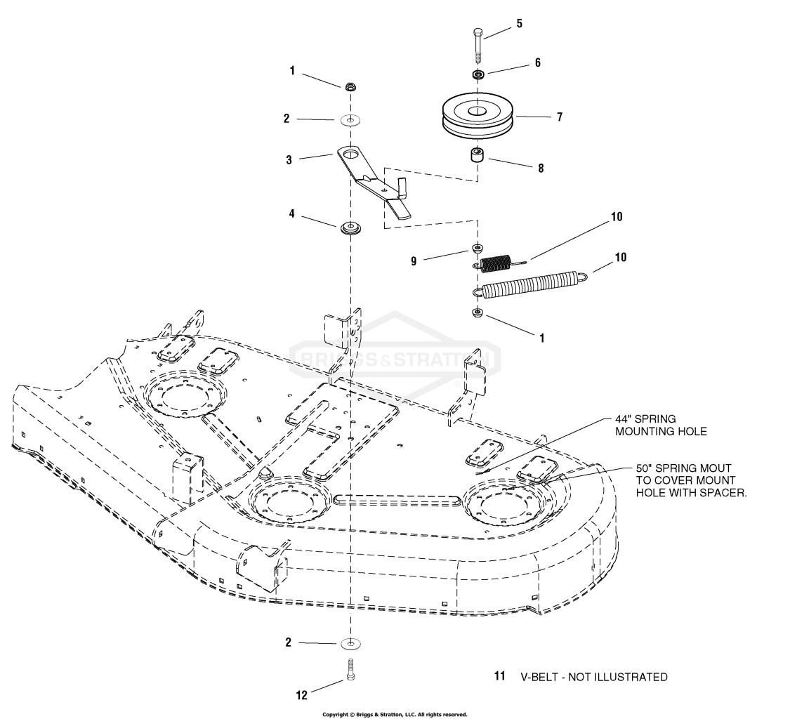 44 & 50 Mower Deck - Belt, Idler Arm & Hitch Group