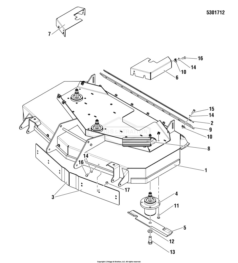 44 Mower Deck - Housing, Covers, Spindles & Blades - Rear Discharge - Export