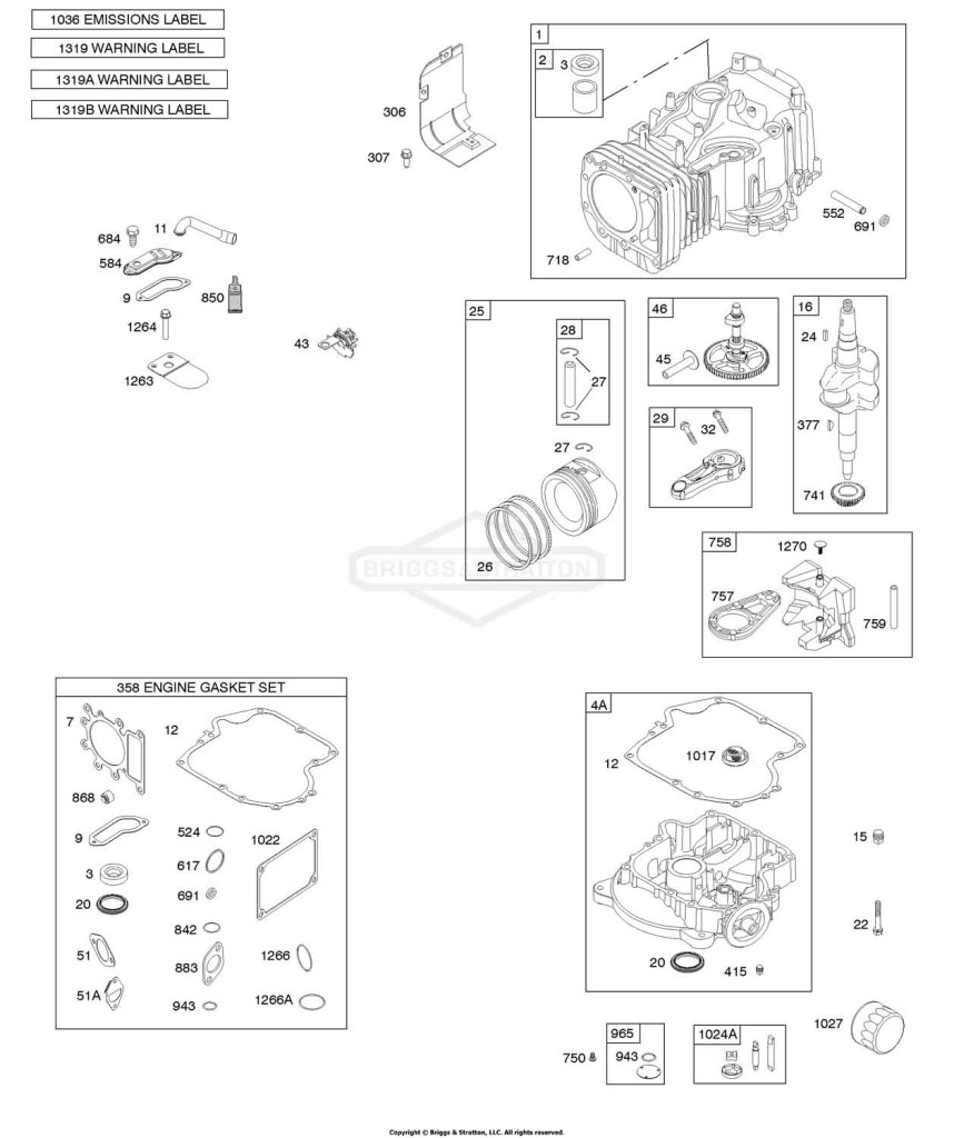 Camshaft, Crankshaft, Cylinder, Engine Sump, Gasket Set-Engine, Lubrication, Piston, Rings, and Connecting Rod, Warning Label