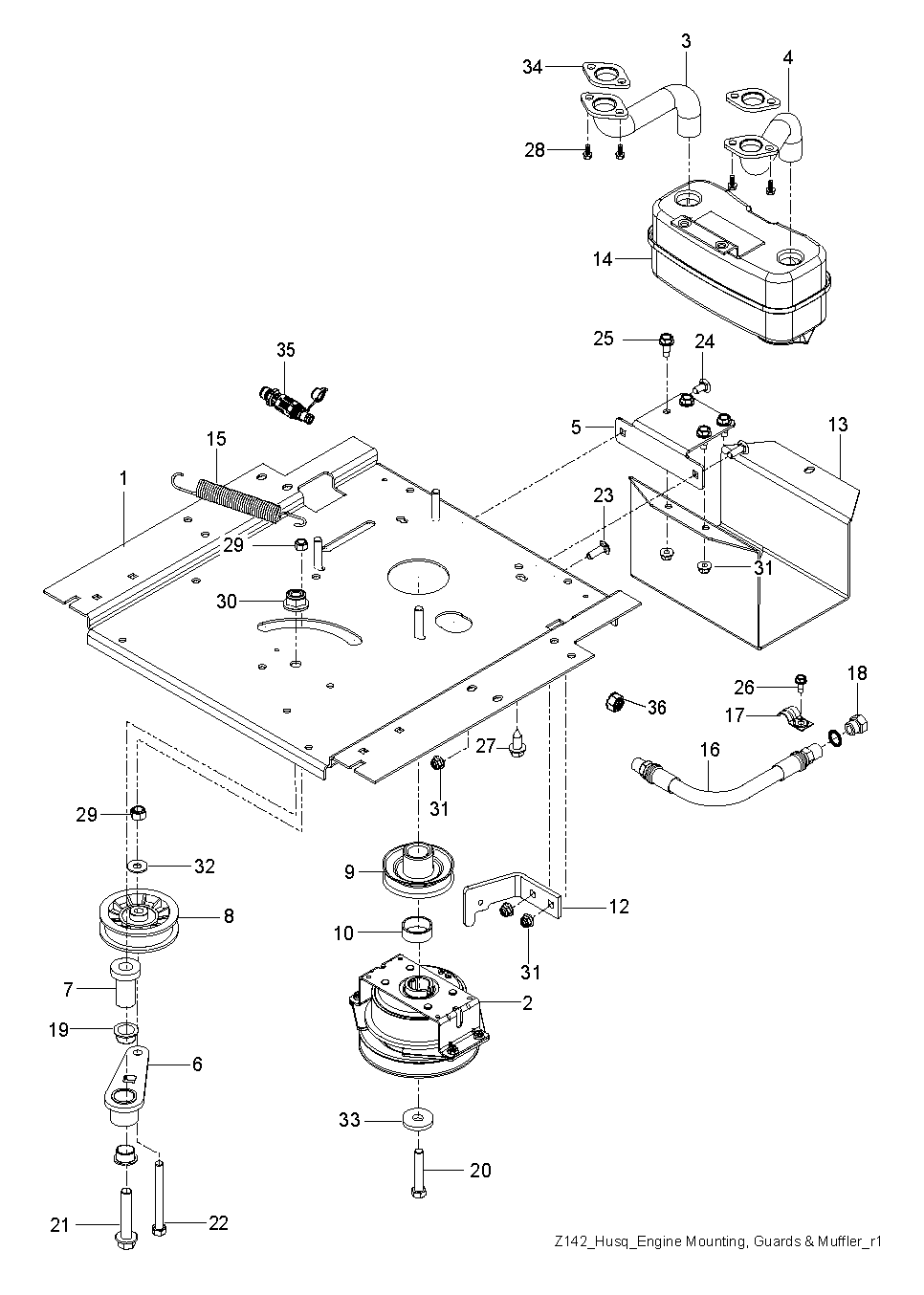 ENGINE MOUNTING, GUARDS & MUFFLER