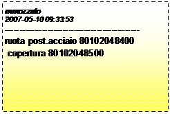 Casella di testo: mmozzato
2007-05-10 09:33:53
--------------------------------------------
ruota post.acciaio 80102048400
 copertura 80102048500
